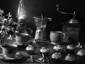 Window, composition, Lamp, bouquet, mill, Coffee Percolator, coffee, Muffins, snowdrops