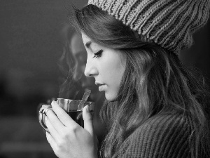 Window, winter, hot, tea, girl