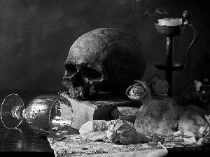 composition, wine glass, candle, skull