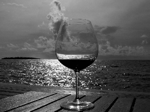 wine glass, Wines, sea, pier, cloudy