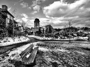 winter, Houses, Bench