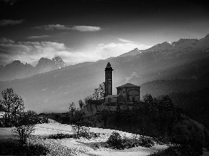 Church, woods, winter, Mountains