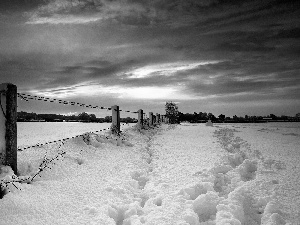 field, clouds, winter, fence