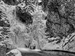 frozen, rocks, winter, waterfall