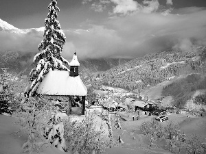 mountain, church, winter, Town