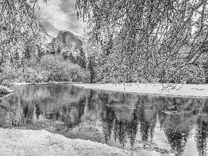 State of California, The United States, Yosemite National Park, winter, trees, viewes, Mountains, forest, Merced River