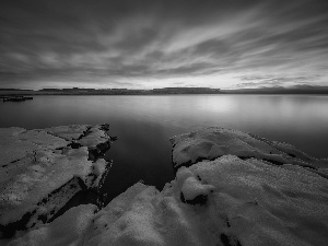 winter, Lake Tyrifjorden, clouds, Stones, Norway, snow, Great Sunsets