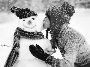 winter, snow, girl, kiss, Snowman