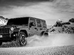 Jeep Wrangler, peaks, winter, Mountains