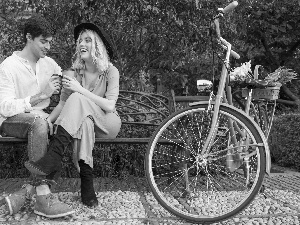 Women, Bench, Smile, Hat, basket, Flowers, coffee, Bike, a man