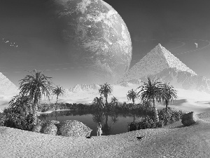 water, Desert, Women, Planet, Palms, Pyramids