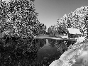 Wooden, cote, River, forest, winter