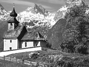 Cerkiew, Austria, wooden, Fance, trees, Mountains