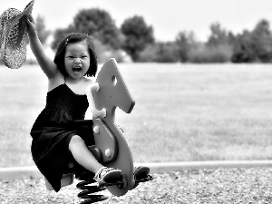 wooden, girl, straw, Hat, sea-horse, play