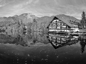 woods, autumn, lake, Mountains, Hotel hall