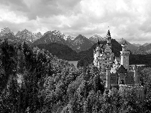 Castle, Mountains, woods, Neuschwanstein