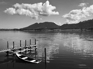 woods, clouds, Boat, Mountains, lake