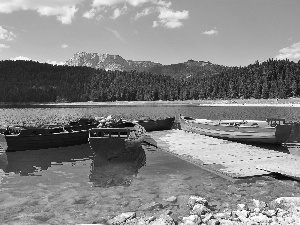 lake, Mountains, woods, Boats