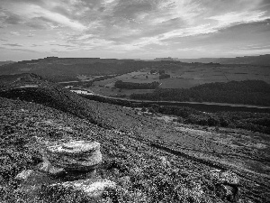 Mountains, woods, England, Valley, sun, field, River, west