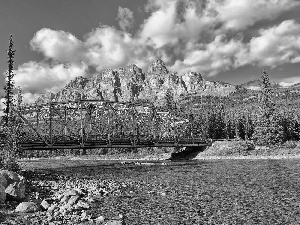 River, Mountains, woods, bridge