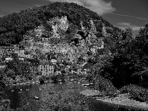 People, River, woods, spa, Rocks, boats