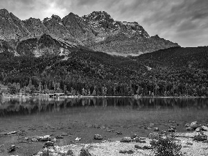 woods, Mountains, house, cable-railway, Bavaria, Germany, Eibsee, Stones, lake