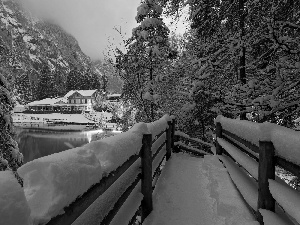 house, trees, bridge, Alps, Switzerland, evening, Mountains, light, woods, winter, viewes, Blausee Lake, Snowy