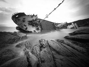 wreck, sea, rocks