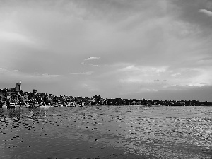 Yachts, Houses, Harbour, motorboat, lake