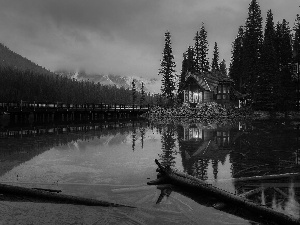 trees, clouds, viewes, reflection, house, twilight, Mountains, Yoho National Park, Canada, bridge, Emerald Lake, lake