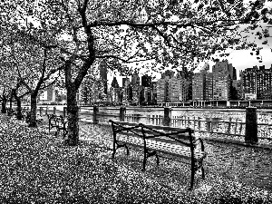 River, boulevard, New York, USA, skyscrapers, Bench