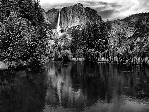 Yosemite National Park, The United States, Mountains, lake, waterfall, State of California