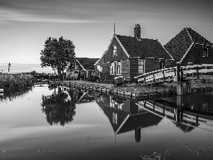 Zaandam, Netherlands, Skansen, Zaanse Schans, trees, viewes, bridge, Houses, River