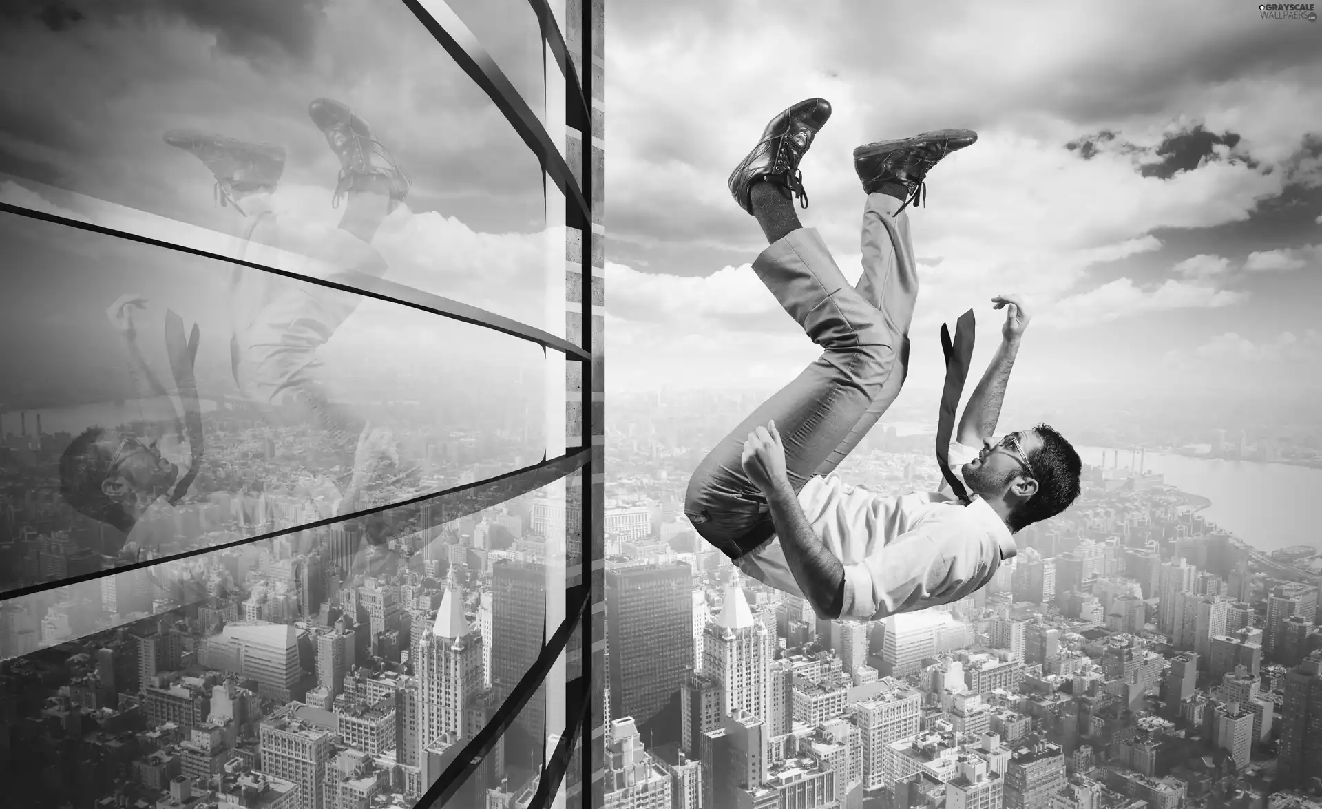 a man, high-rise, panorama, falling, graphics, fall, Town