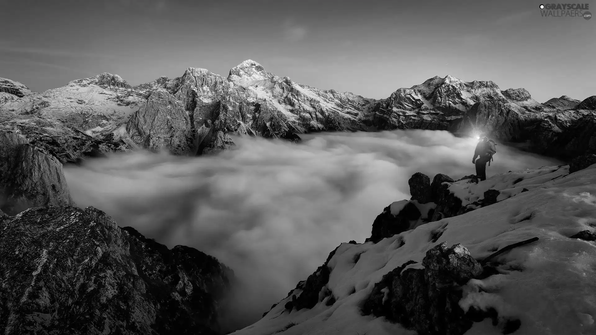 a man, Rocky, Snowy, peaks, Fog, Mountains