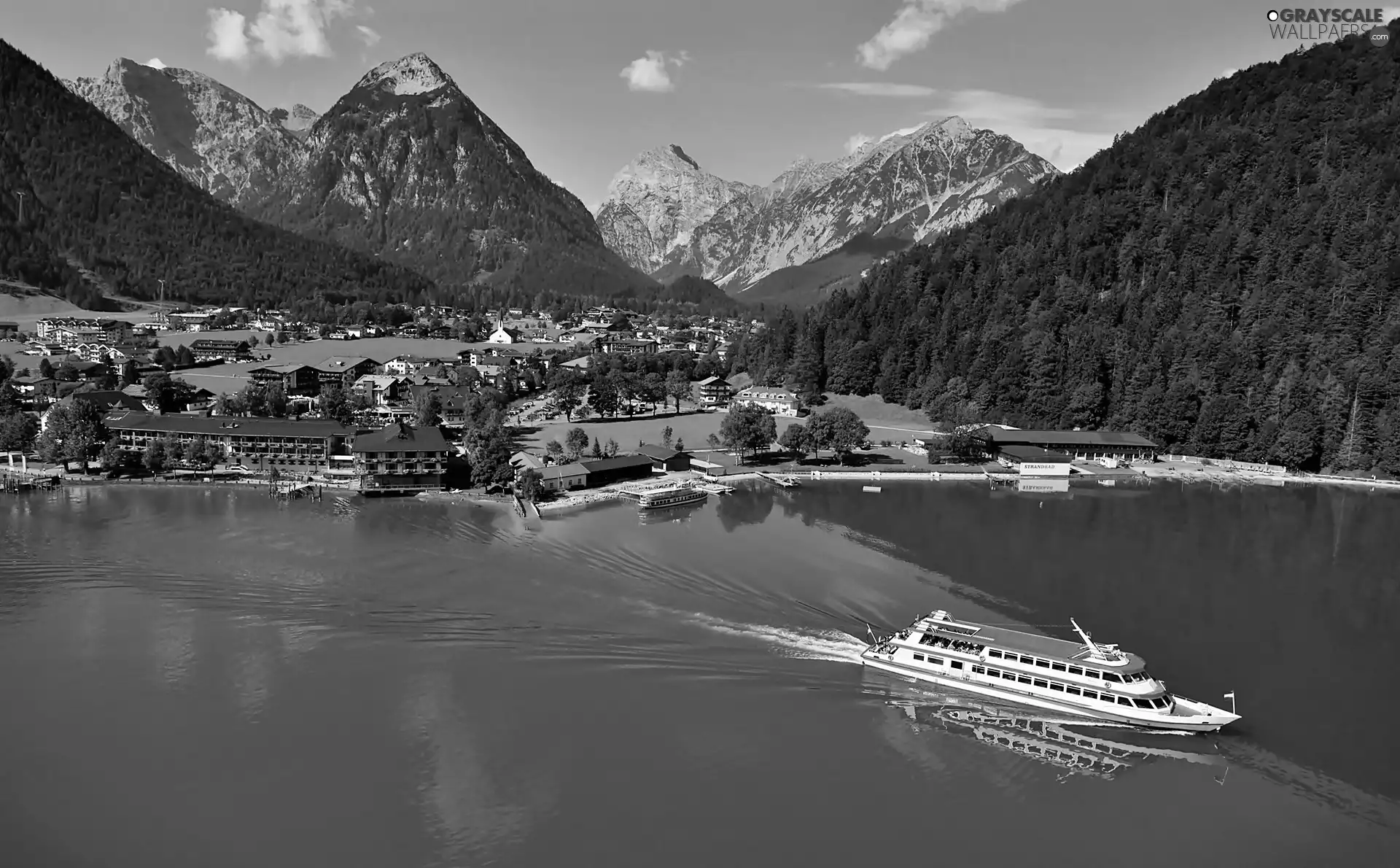 lake, Achensee, cruise, Town, Ship, Mountains, Tirol, Pertisau