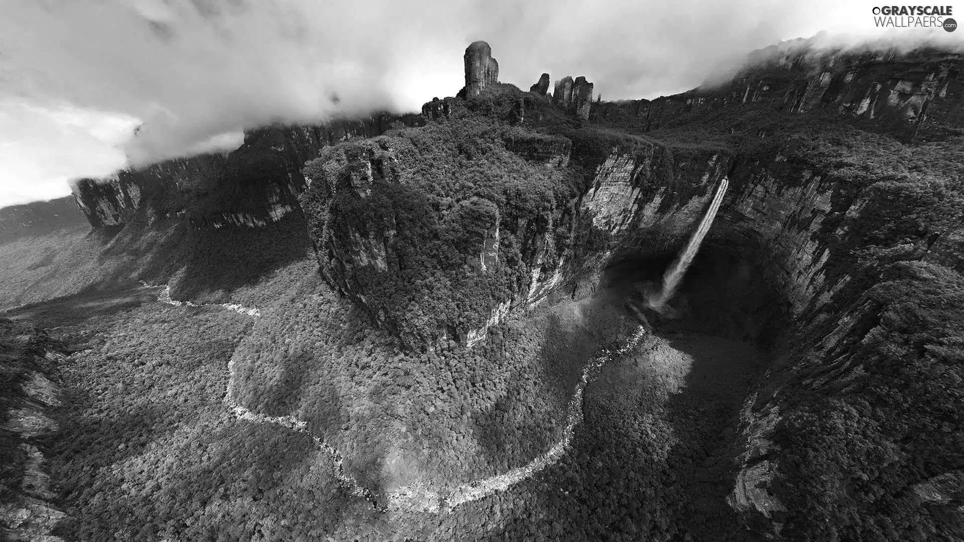 Mountains, Valley, Aerial View, waterfall