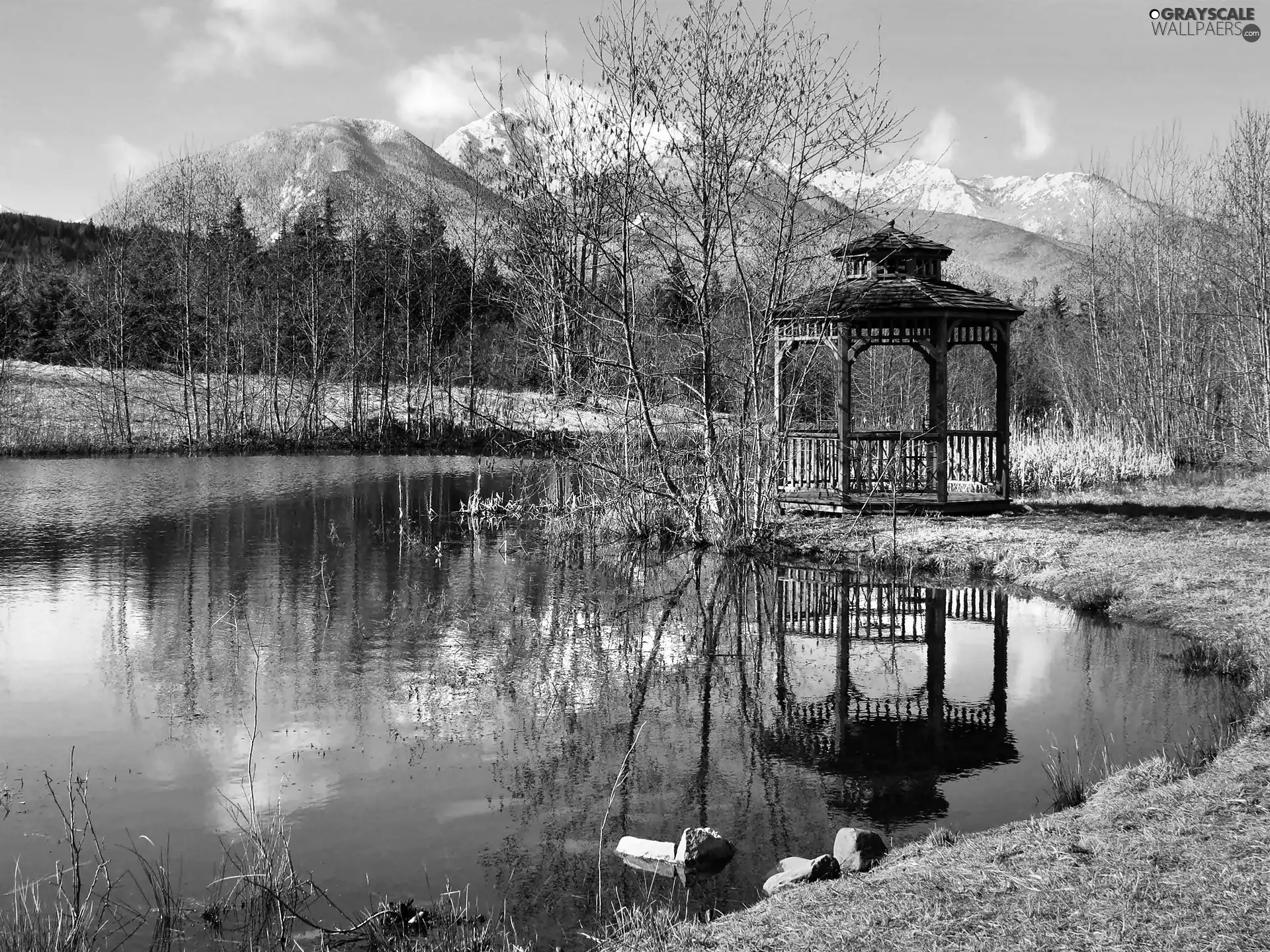 alcove, reflection, forest, lake, Mountains