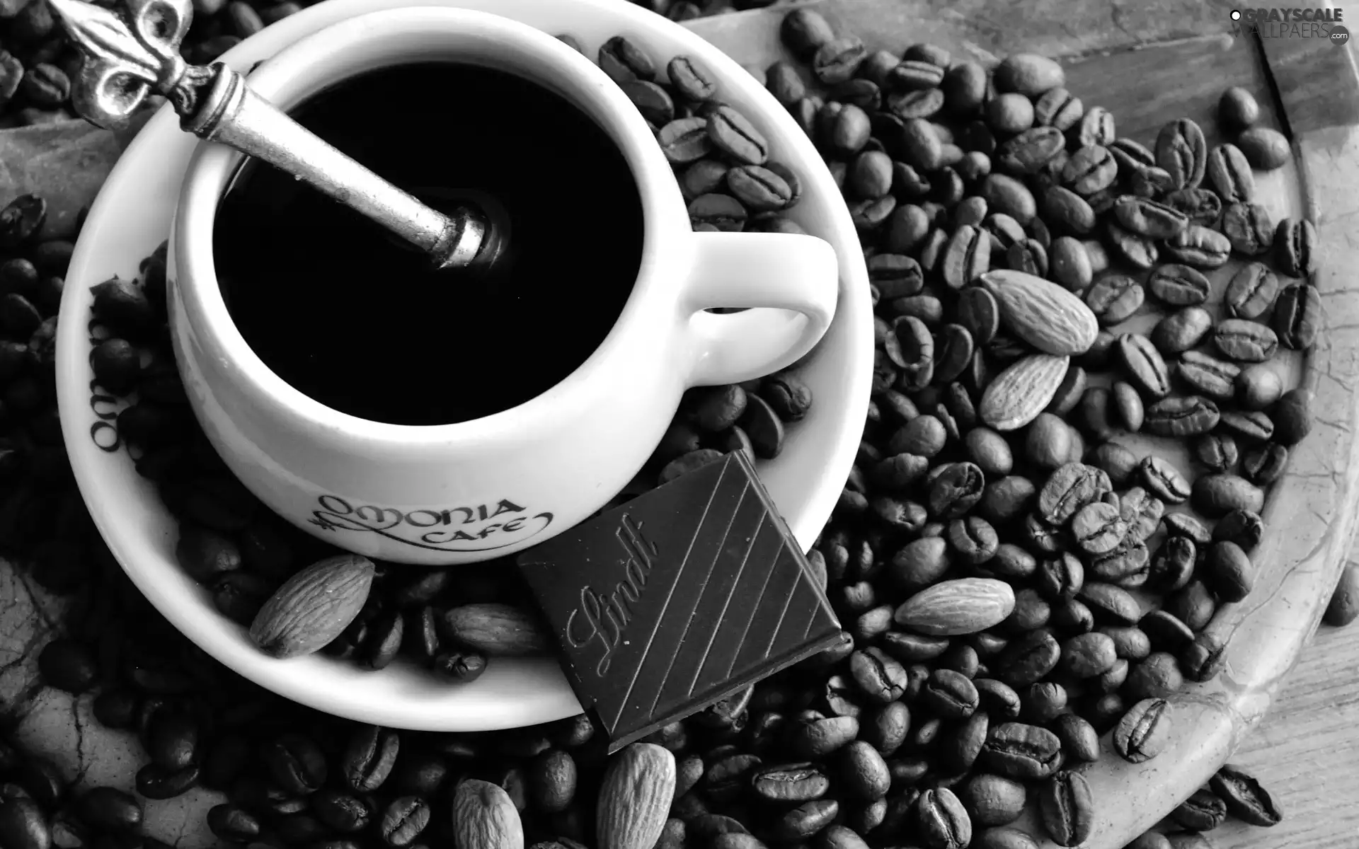 teaspoon, coffee, grains, almonds, chocolate, cup