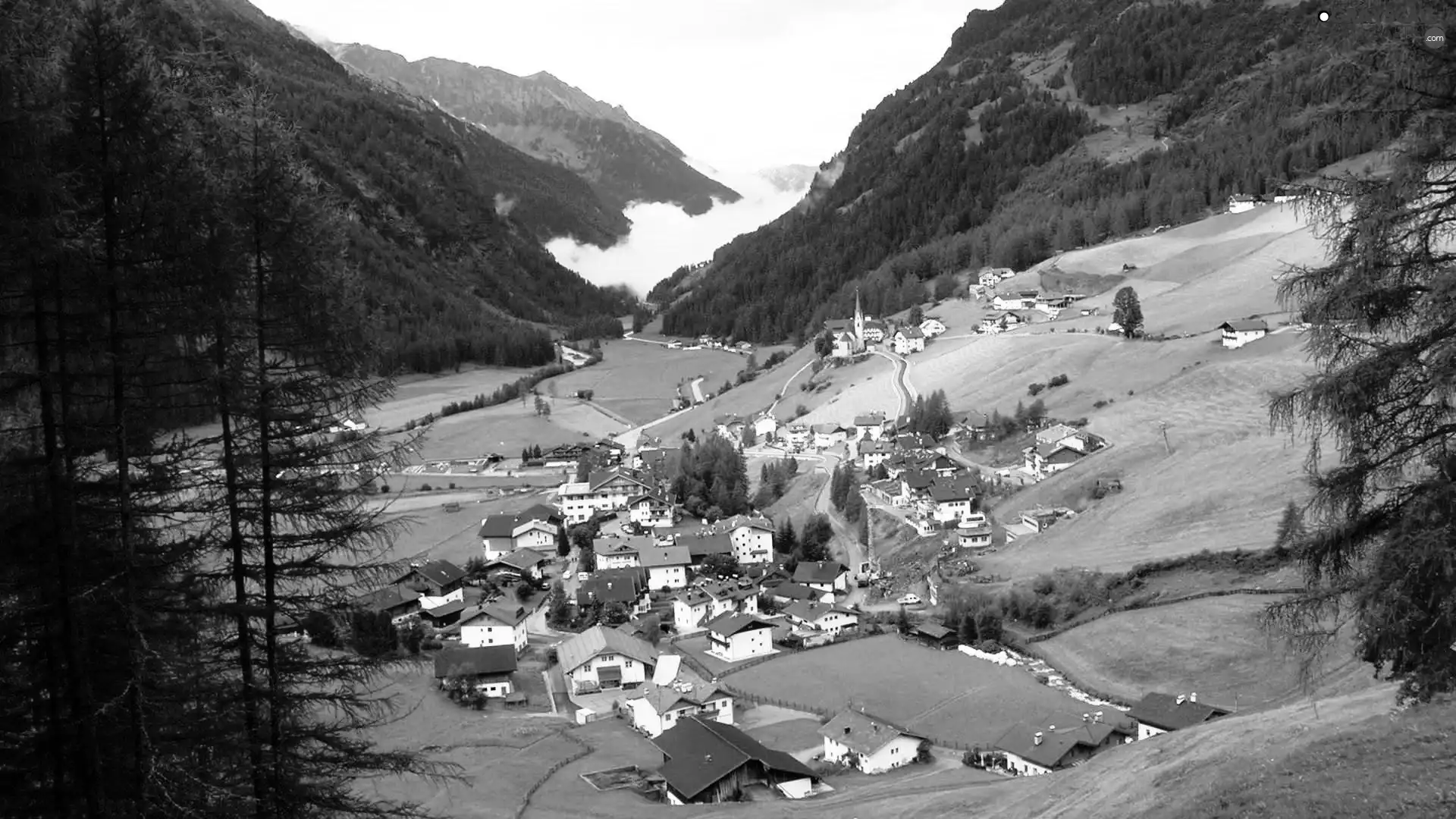 Alps, Austria, Mountains, woods, Houses