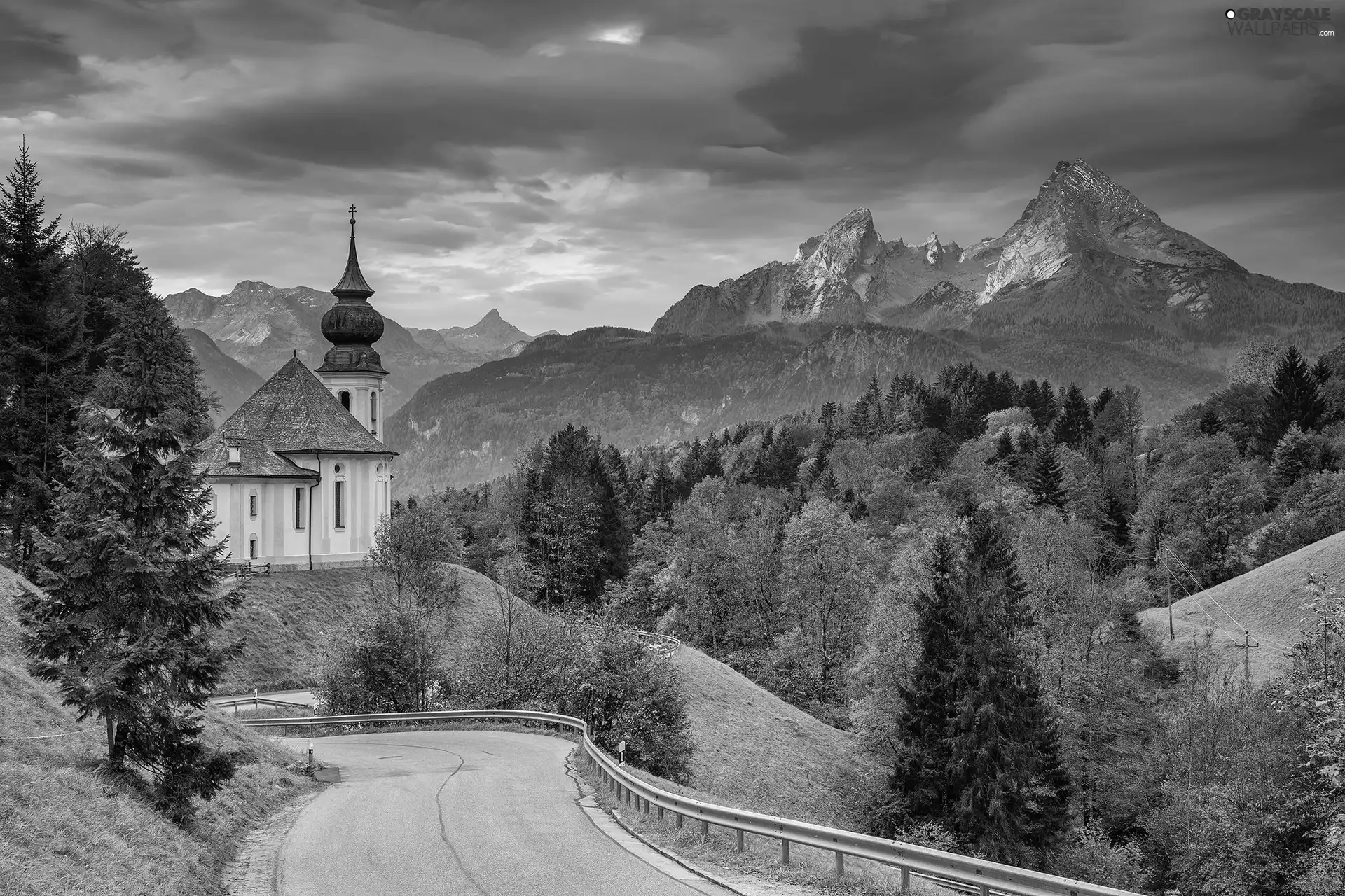 trees, Church, Way, viewes, Salzburg Slate Alps, Germany, Bavaria, autumn, Sanctuary of Maria Gern, Berchtesgaden, Mountains