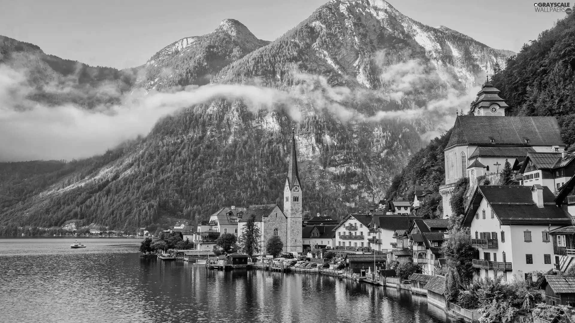 Hallstattersee Lake, Mountains, Church, Salzburg Slate Alps, Houses, Hallstatt, Austria, Fog