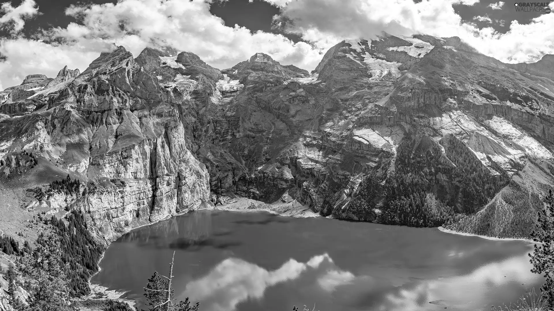 Canton of Bern, Mountains, clouds, Bernese Alps, Switzerland, Oeschinen Lake, reflection