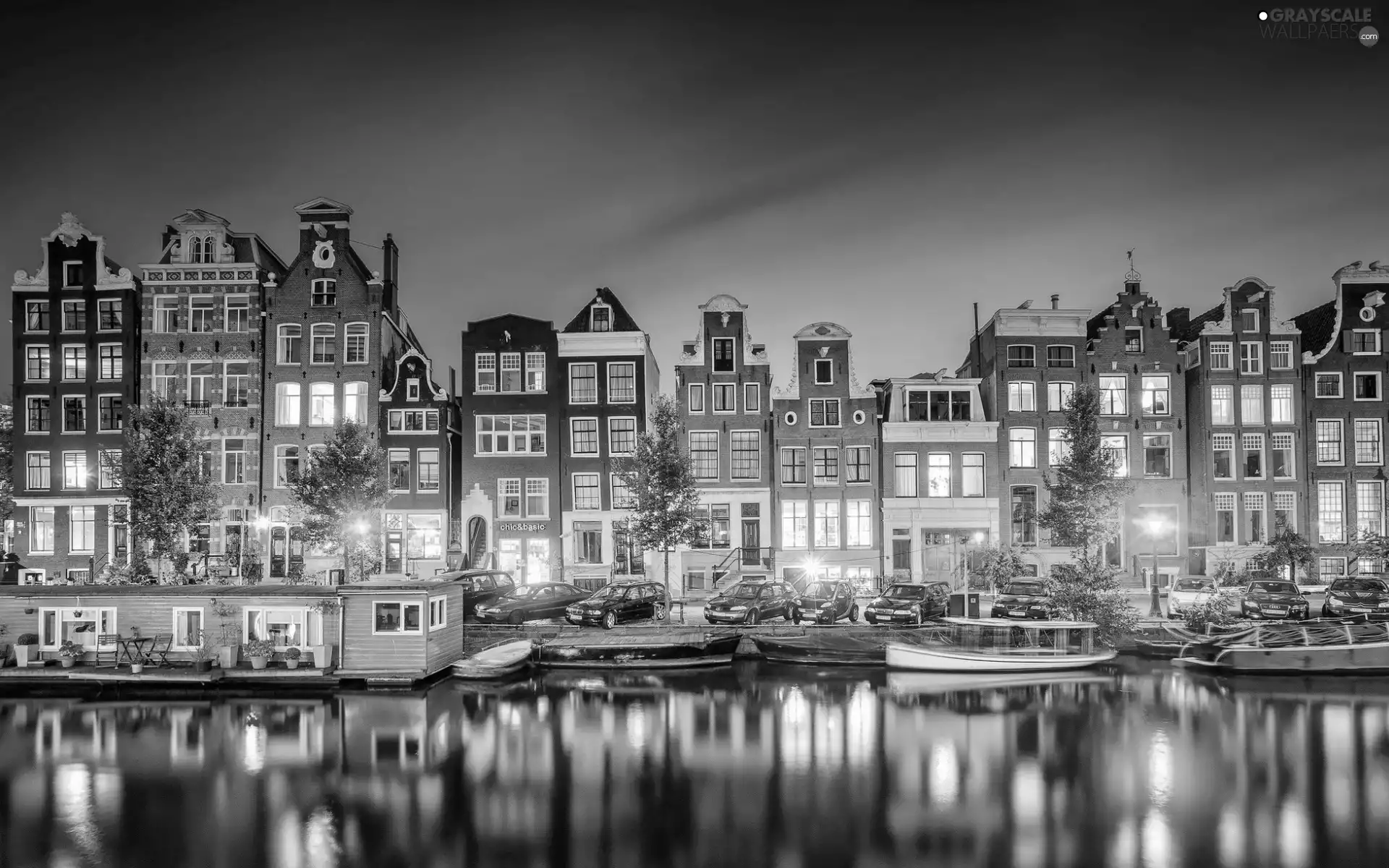 Houses, River, Amsterdam, Netherlands, lanterns, Boats