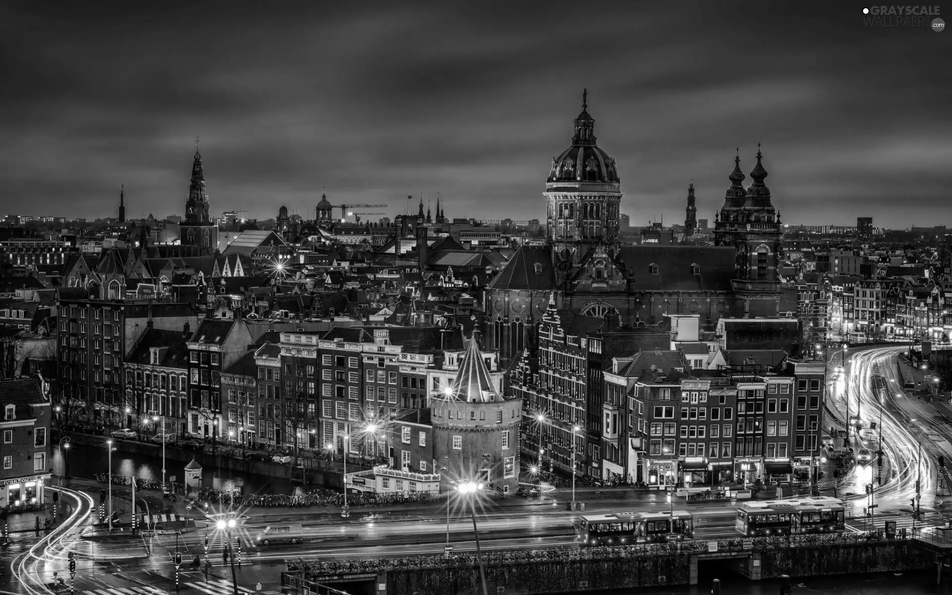 Night, Churches, panorama, Streets, Houses, Amsterdam, town