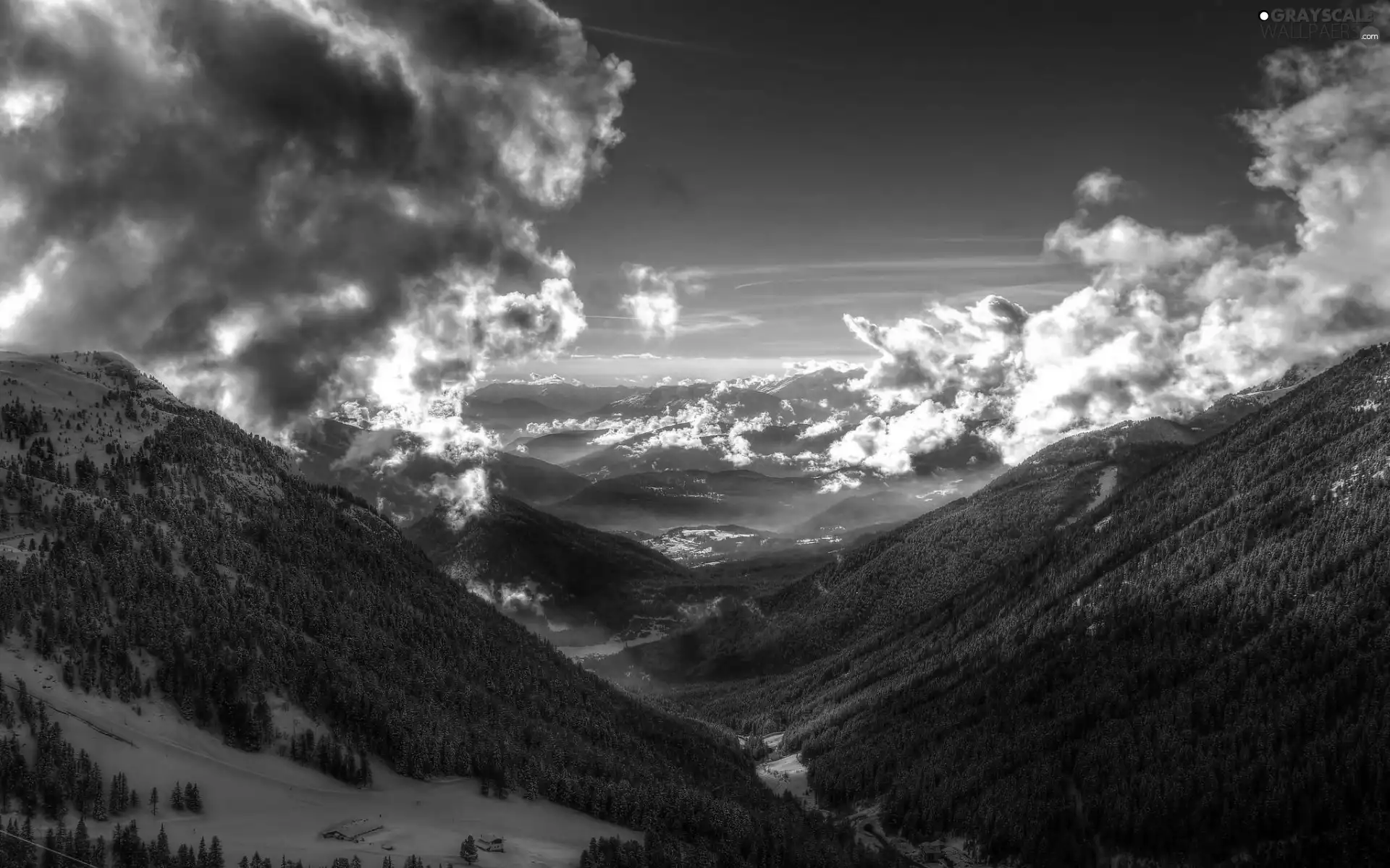 snow, woods, Slope, Houses, Mountains, an, clouds