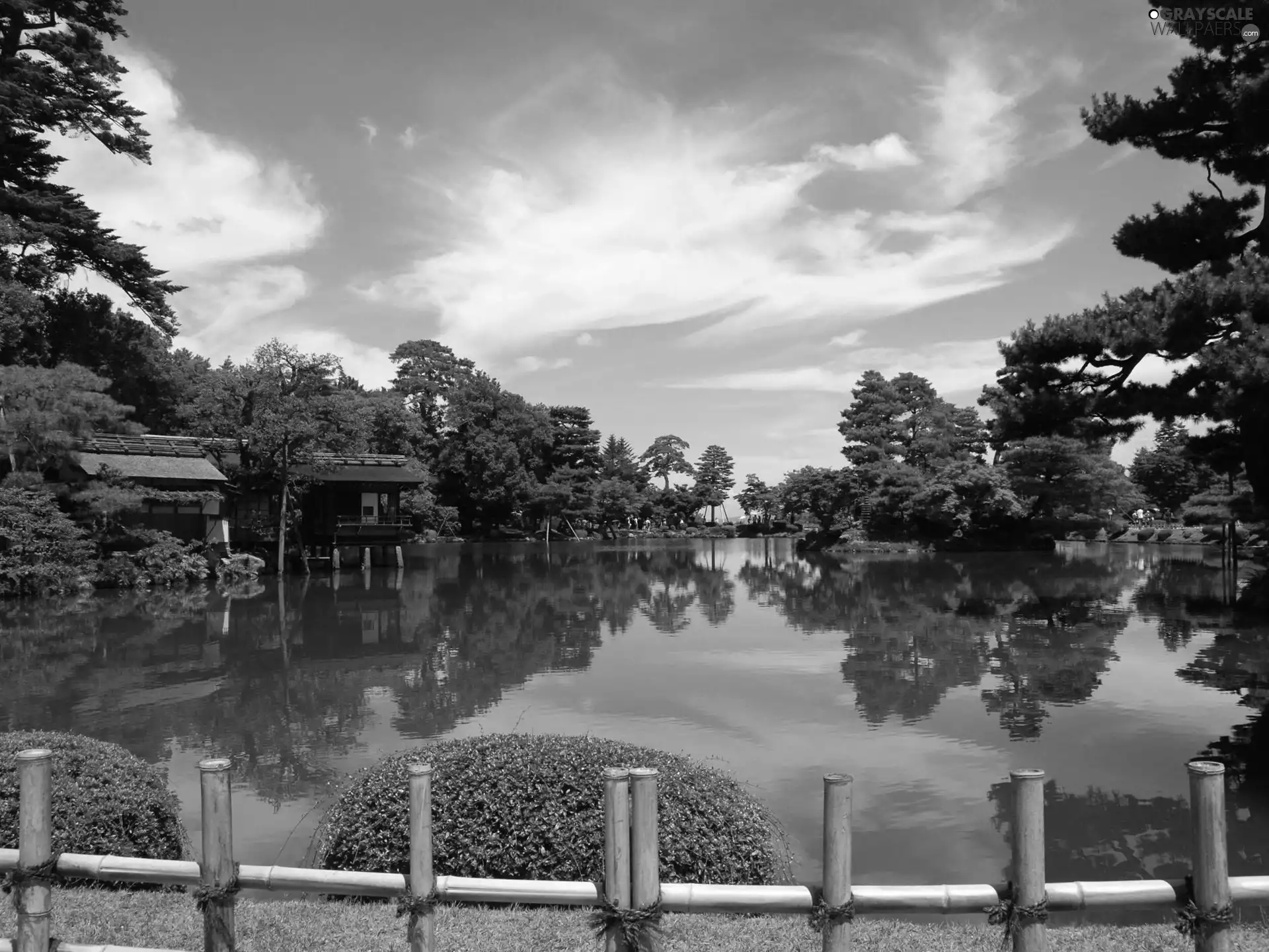 Houses, an, lake, water, viewes, fence, wood, trees