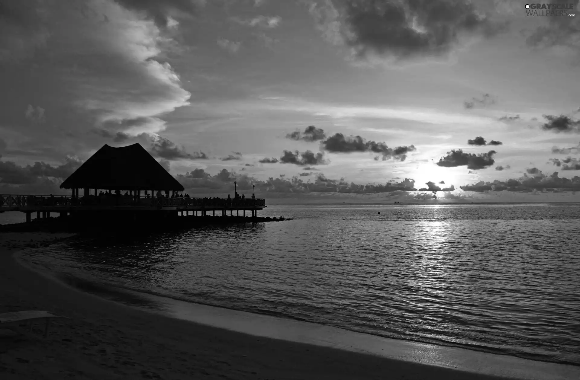 house, Beaches, an, piles, west, sun, sea, clouds, pier