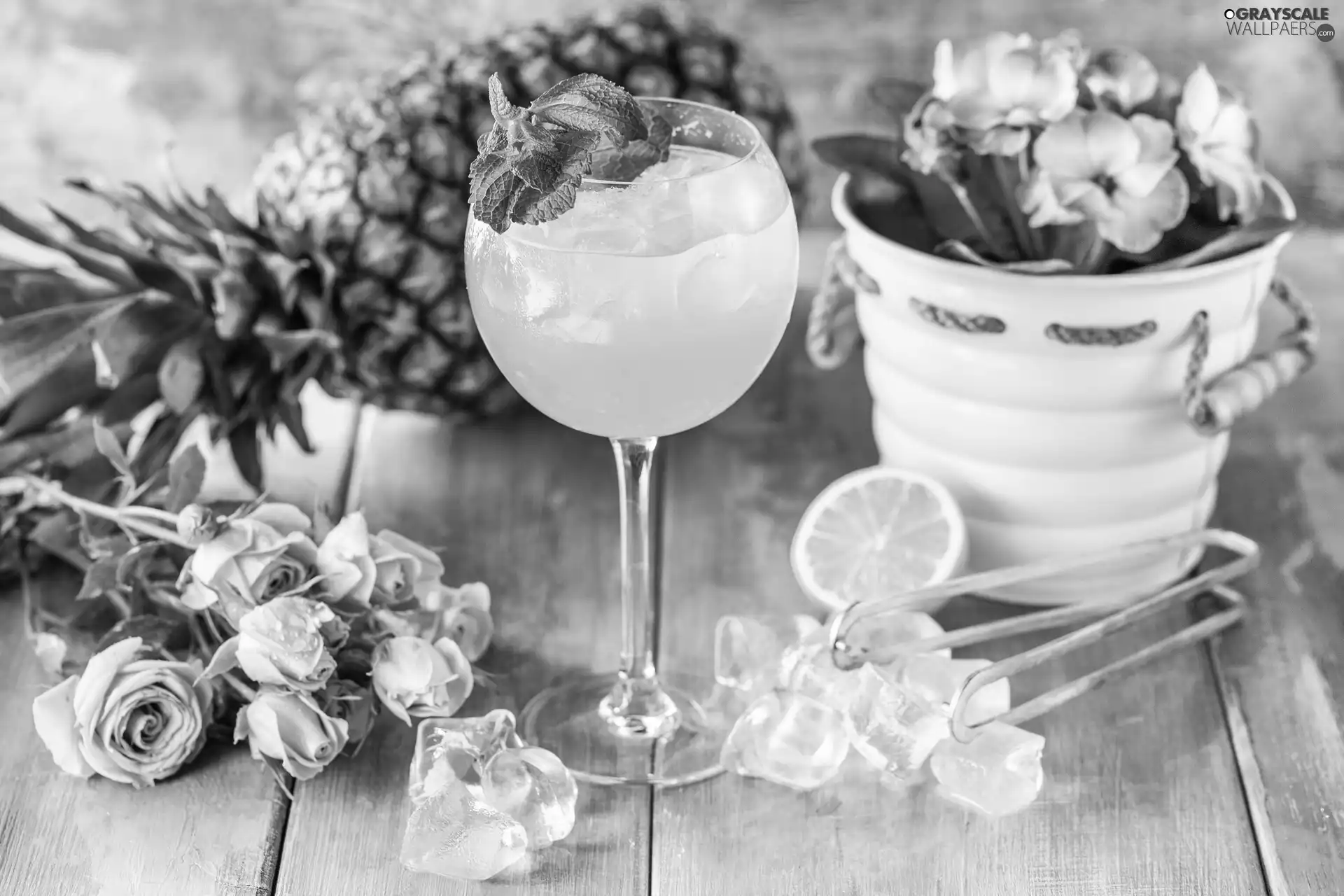 Flowers, juice, boarding, ananas, glass, roses, Icecream