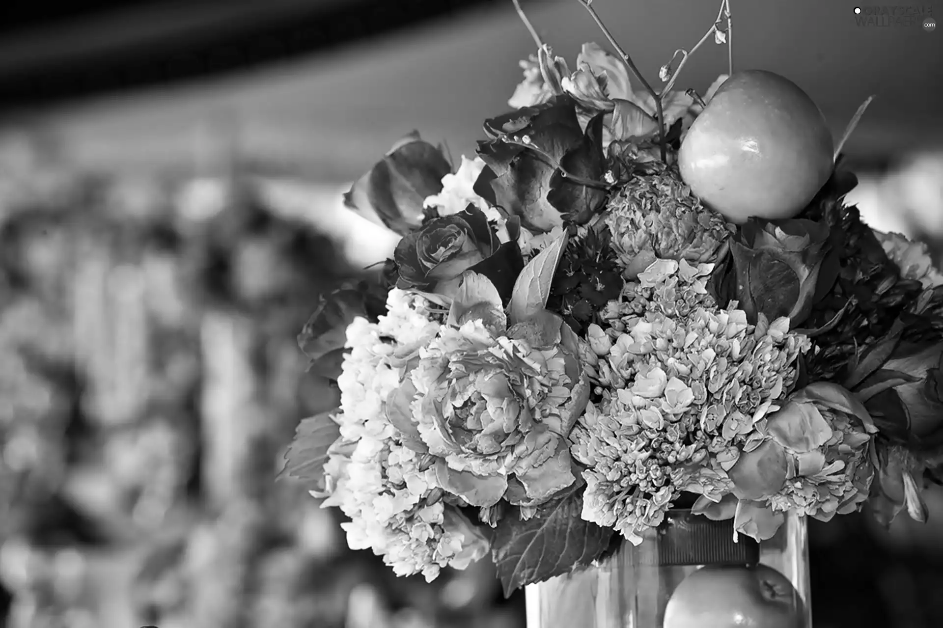 bouquet, green ones, apples, flowers